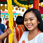 **A person happily volunteering at a local Malaysian community event, surrounded by smiling people and traditional Malaysian decorations.** (Focus: Contributing to the community in a Malaysian context).