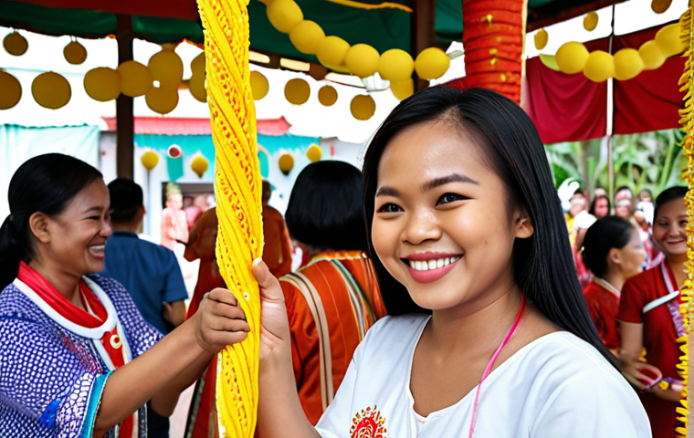 **A person happily volunteering at a local Malaysian community event, surrounded by smiling people and traditional Malaysian decorations.** (Focus: Contributing to the community in a Malaysian context).